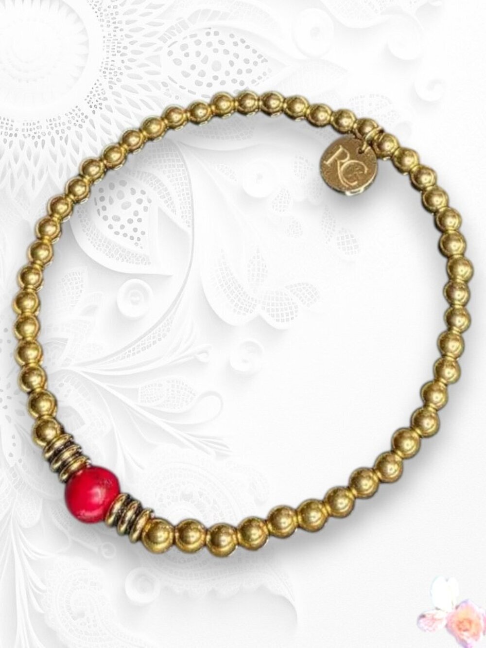 Vintage Signed RC Gold Plated Beaded Bracelet Red Accent Rustic Cuff 478